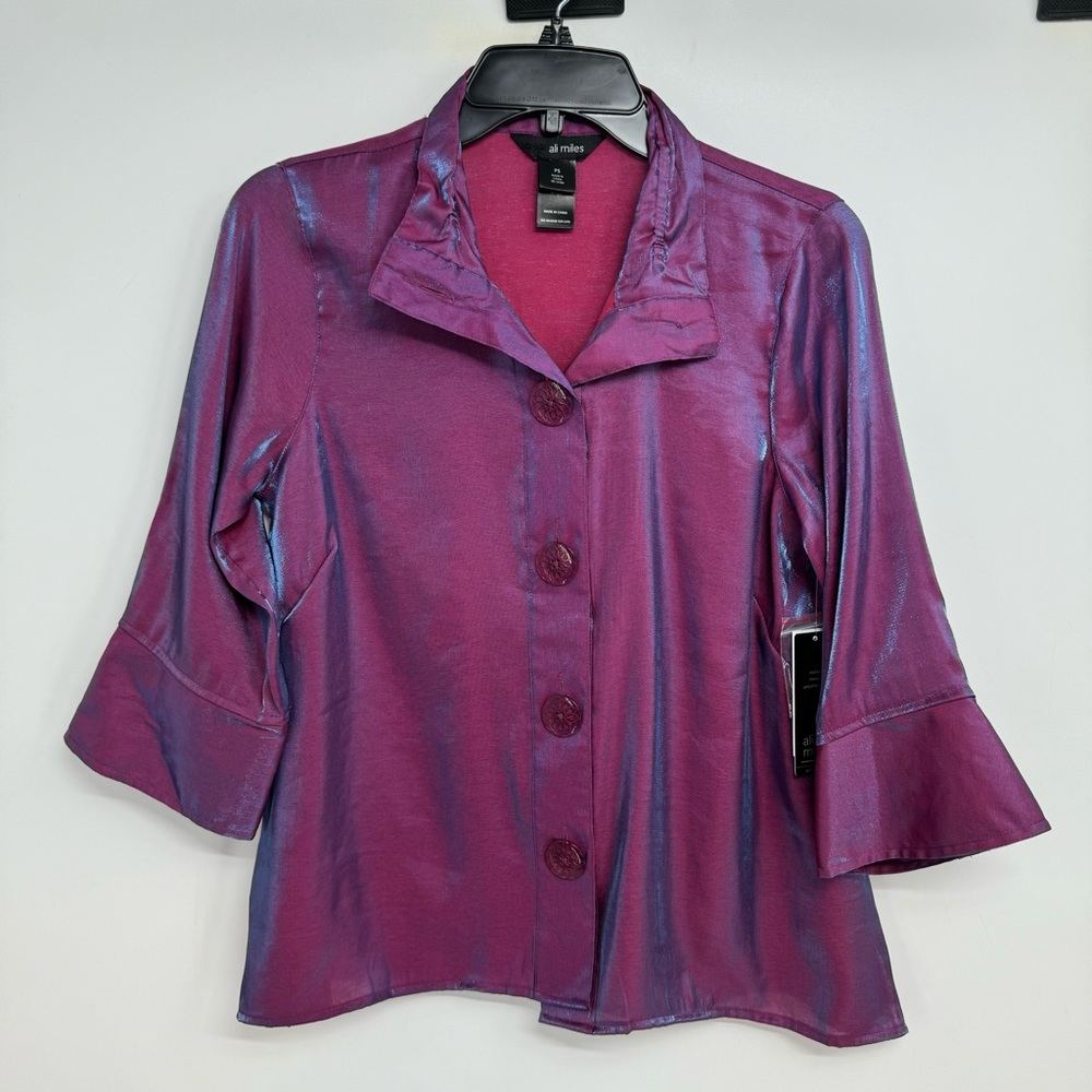 NWT Ali Miles Shimmer Woven Wire Collar 3/4 Cuffed Sleeve Tunic Petite Small New - Picture 4 of 14